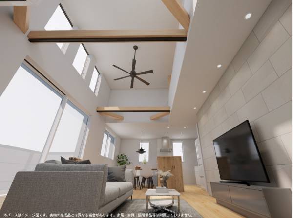 吹抜天井で明るく開放的な空間が広がります。※完成イメージ