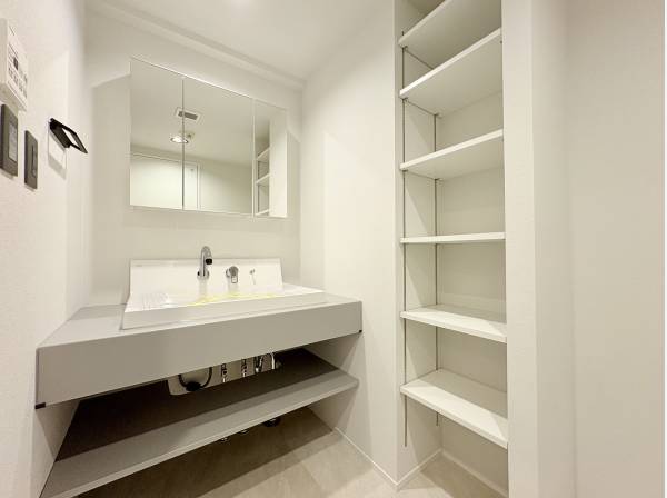 使いやすく収納を完備した洗面所