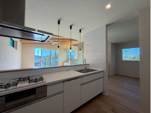 対面式の広システムキッチン、背面にカップボードを置いても◎