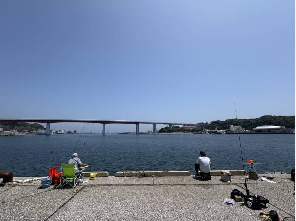 三崎は釣りのメッカです。目の前には城ヶ島大橋と城ヶ島が見えます！約1200ｍ。
