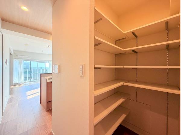 キッチンの裏には便利な大容量収納スペースを確保！