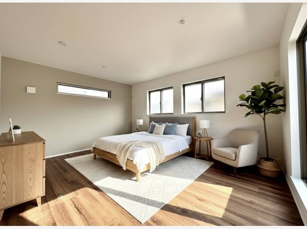 ゆったり広々とした主寝室は明るい空間。家具等はCGで作成したイメージです。