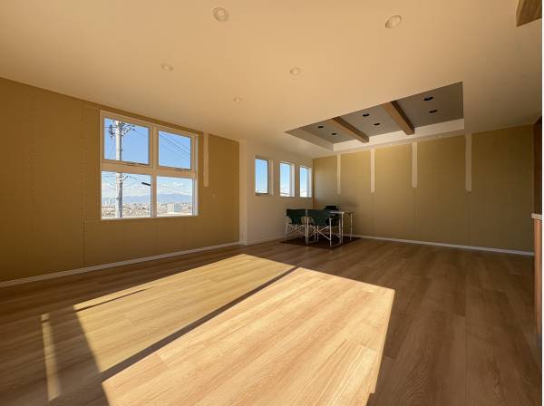 一部織り上げ天井の開放的なリビング