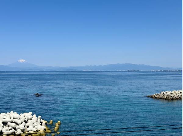 海の透明度はご覧の通り/左に富士山、右に江ノ島を望むロケーション