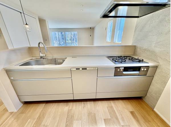 キッチンからは、駐車場、庭、玄関、リビング、ダイニングが見渡せますよ。