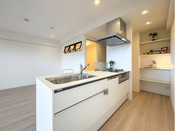 重宝しそうな収納棚が備わったキッチンスペース