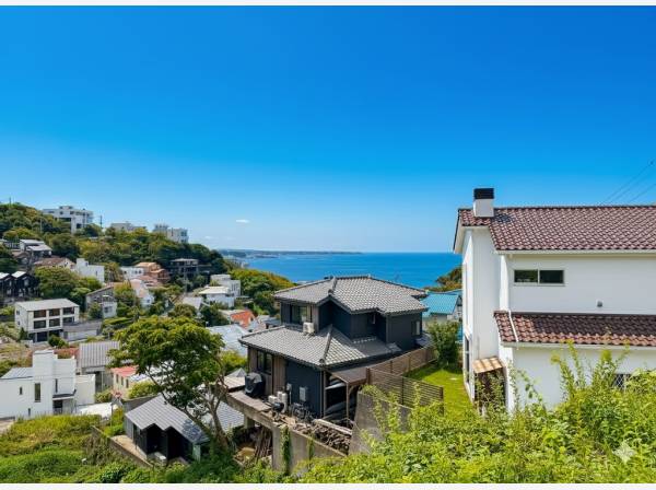 海と緑を高台から望みます。