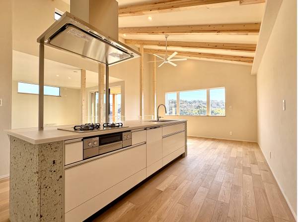 アイランドキッチン、キッチン腰壁には大谷石を採用