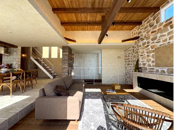 古材と石壁が調和する重厚感あるリビング空間