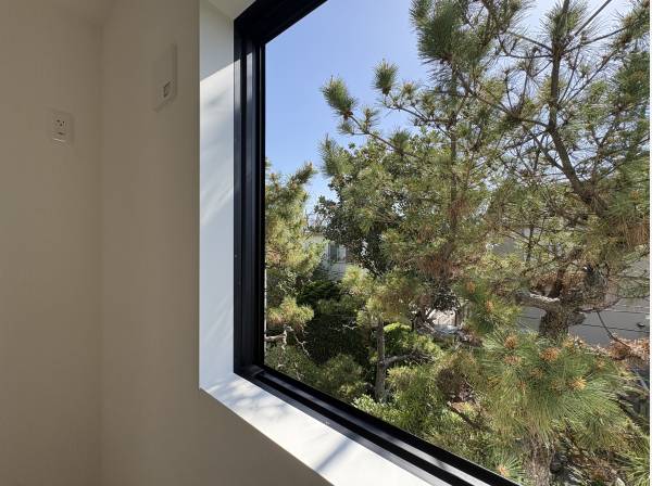 窓を開けると松などの木々の緑に癒されます