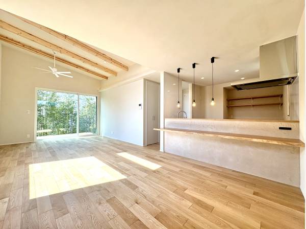 開放的なLDK、壁は塗り壁、床は無垢の突板を採用し温かみがあります。