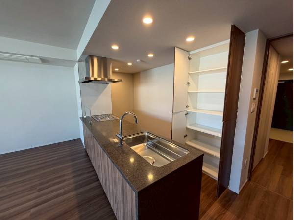 抜け感のあるスタイリッシュなキッチンに、大容量の背面収納