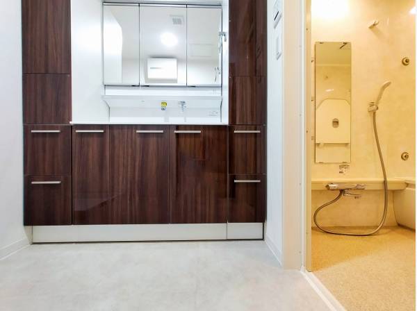 ダークカラーで落ち着いた雰囲気のある洗面化粧台は収納豊富