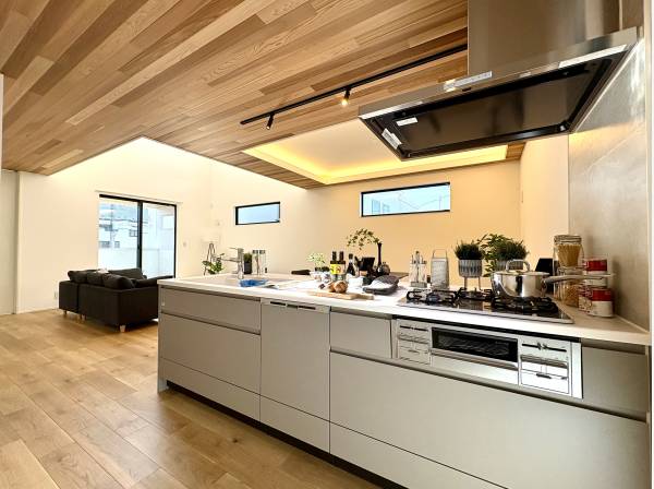 ペニンシュラキッチンは開放的な空間です。食洗機と浄水器付きです。