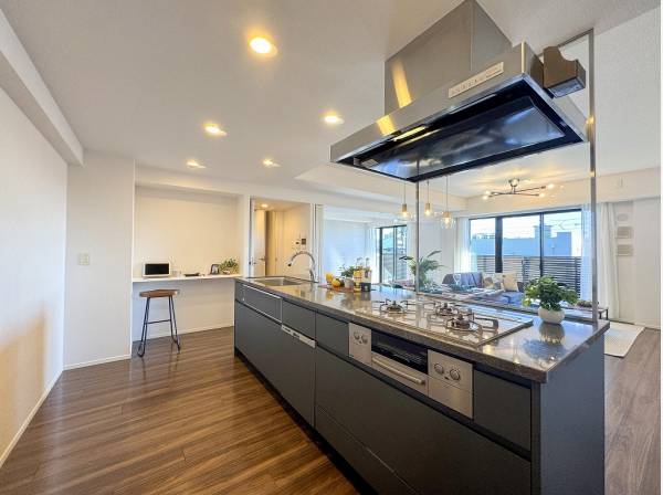 大きなシステムキッチンはアイランドタイプで動きやすい同線が便利