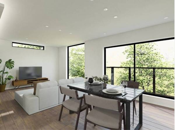 シックなモダンスタイルのLDKは約24.7帖の広さ※完成イメージ