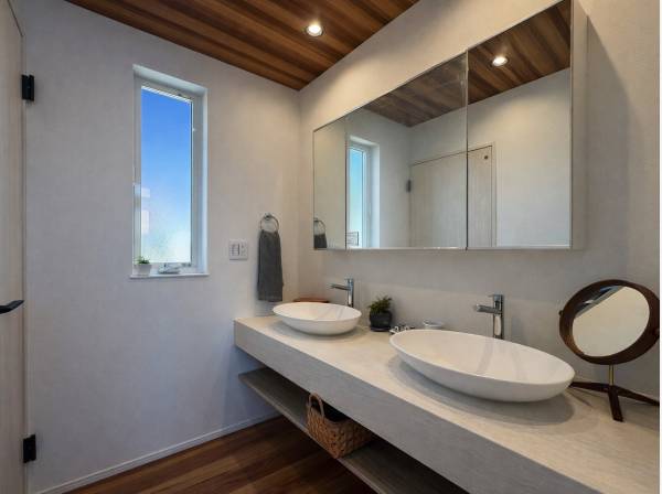 木の温もりと光に包まれる、心地よい朝を迎える洗面スペース。