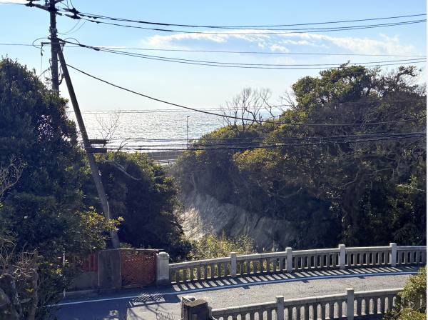 緑の先に海を望む稲村ガ崎の景色