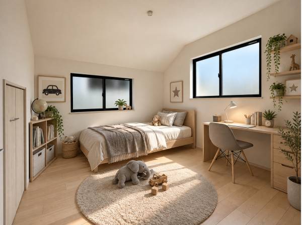 子供部屋にも最適。成長に寄り添う明るい住空間。（家具等はAIイメージ）