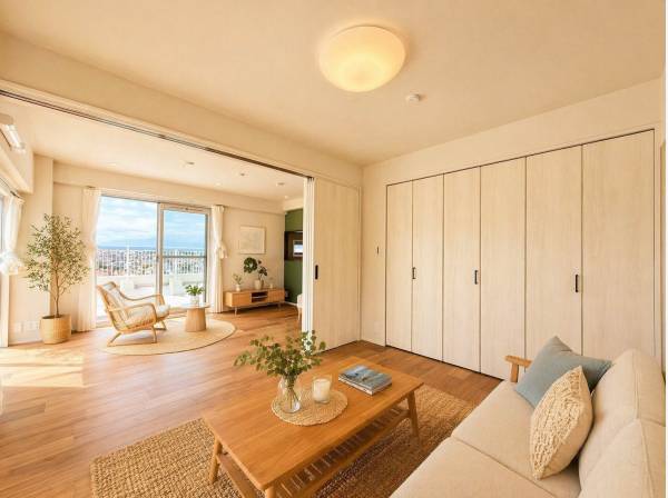 光と景色がつながるリビング（家具等はCG）