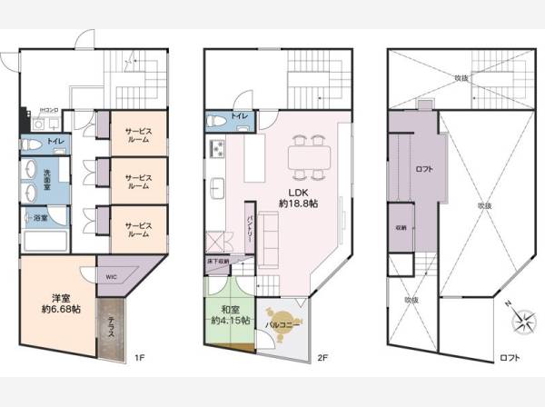 間取り図、吹抜けも多用されており開放的な空間に