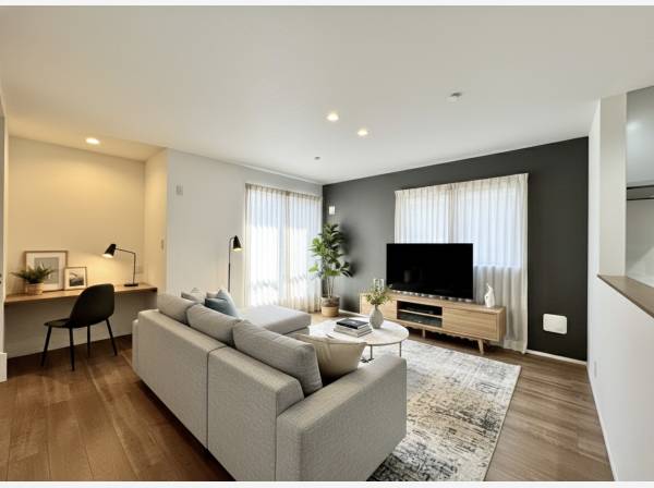 ちょうど良い広さのリビングで家族の時間が自然と集まる。（家具等はCG）