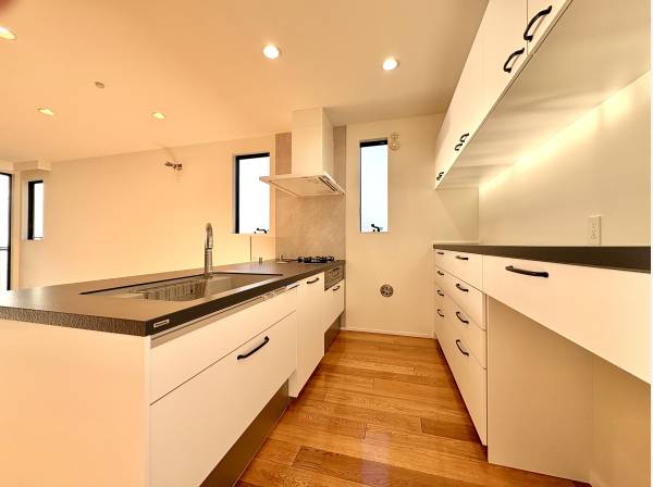 オープンタイプの対面式システムキッチンはカップボード付きです。