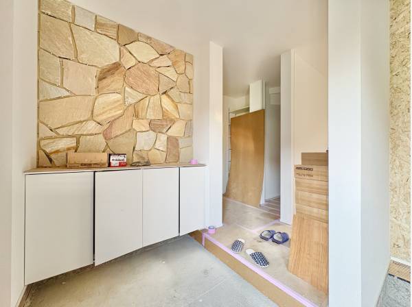 玄関に入るとおしゃれなアクセント壁