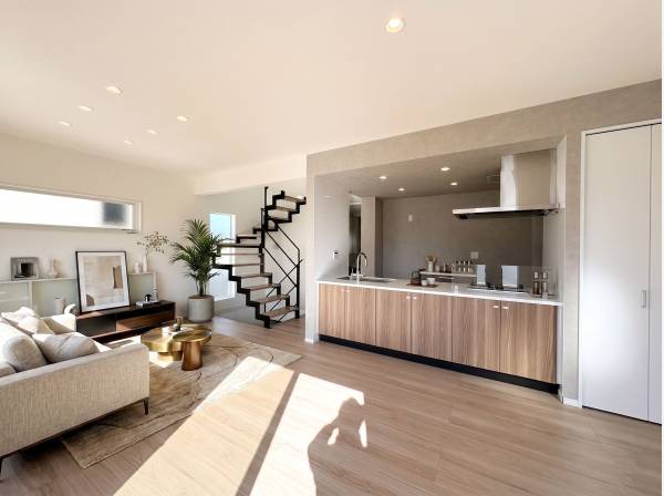 すっきりとした広さ。床暖房も完備。家具・小物はAIによるイメージ