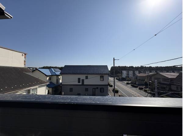 ３階のバルコニーから海沿いの松並木が見えます