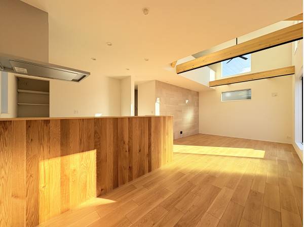 樹張りのキッチン腰壁が湘南らしさを演出