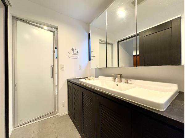 １階のパウダールームはツーボウルの洗面化粧台を完備