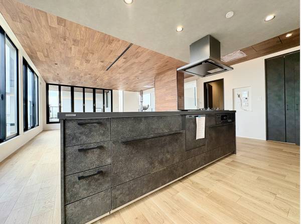 収納、調理機能のあるアイランドタイプのシステムキッチン