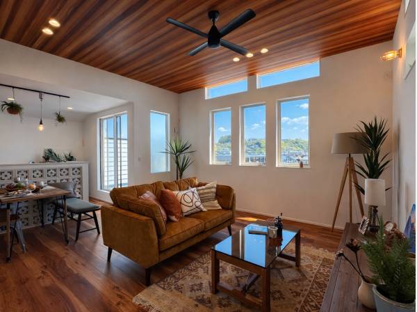 高天井と大開口が生む、開放感あふれるリビング空間。