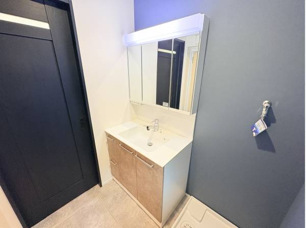 木目調の洗面台とネイビーの扉がお洒落。三面鏡裏にもたっぷり収納できます