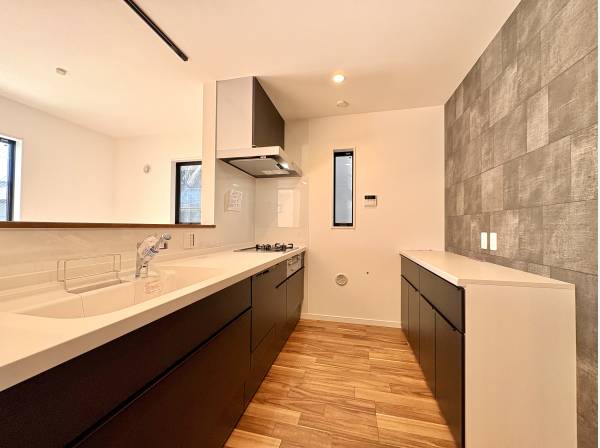 対面式システムキッチンは食洗機と浄水器とカップボード付き