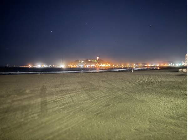 夜の東浜から望む江の島。幻想的な夜景がお楽しみいただけます（約60m、徒歩1分）