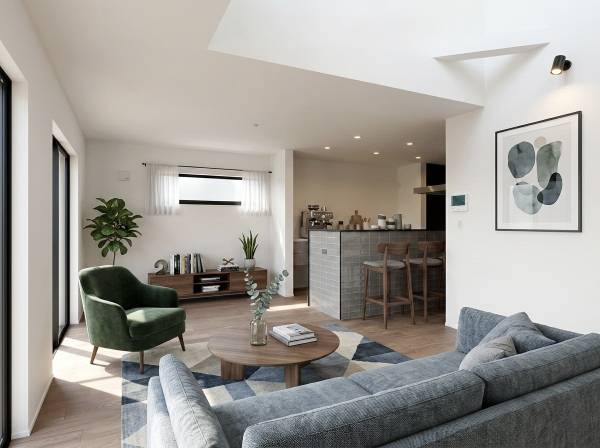 吹き抜けリビングです。家具等はCGで作成したイメージです。