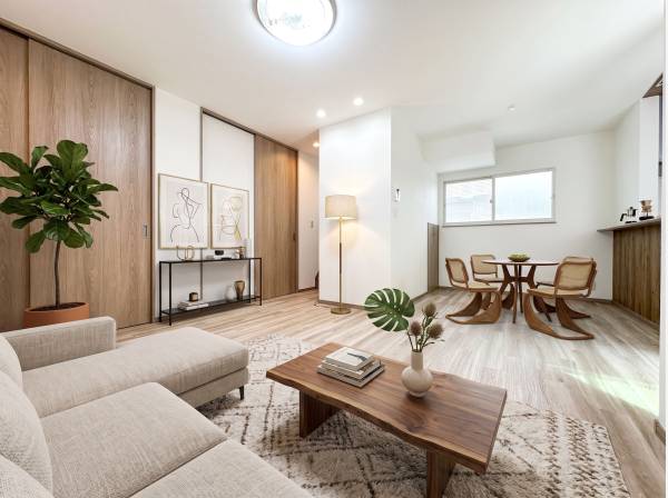 フルリノベーションされた室内空間。家具・小物はAIによるイメージ