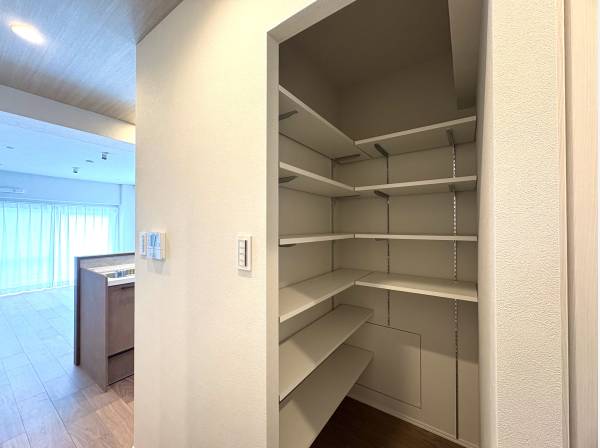 キッチン横に配置された大容量パントリー。食料品の備蓄に便利です。