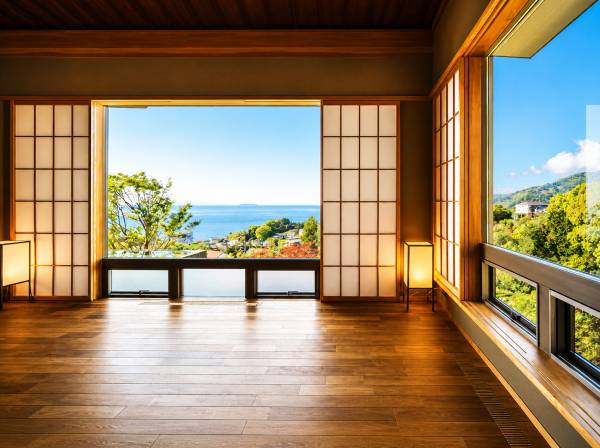 障子越しに海を望む和の美意識が息づく一室。