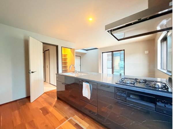 抜け感のあるシステムキッチン、パントリーもあり収納◎