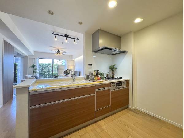 リビングやテラスまで見渡せる開放的なキッチン