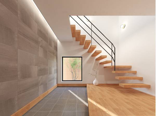 開放的な玄関スペース。エコカラットを採用です。完成イメージパースです。