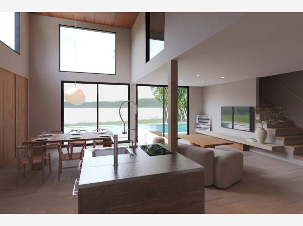 上部吹き抜けていて、開放感溢れる約30.8帖のLDK