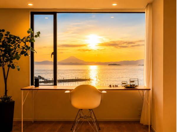 夕景に染まる海と富士山が心を静かに整えてくれる贅沢な窓辺。
