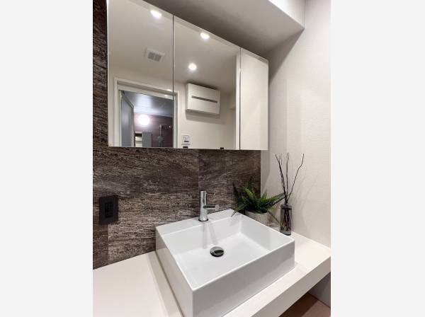 サイドに収納スペースも備わった洗面スペース