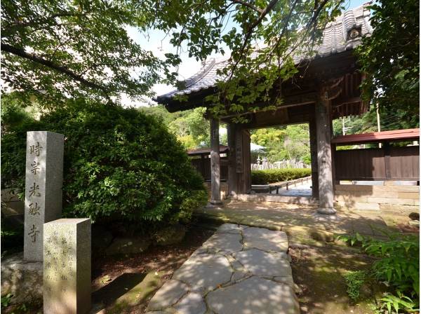本堂前の紅梅と本堂脇の紅葉がきれいな「光触寺」まで約300ｍです