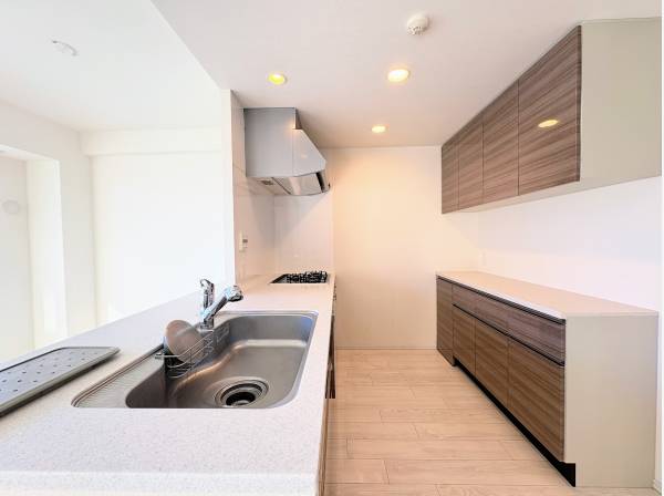 部屋を見渡す対面式キッチン