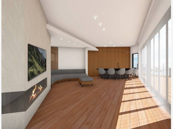 船を思わせるキッチンとR形状の家具